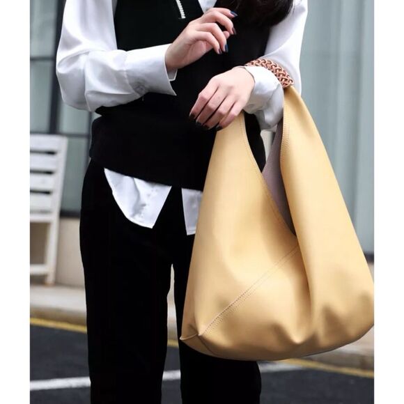 Raw Edge Leather Triangle Tote Hobo Shopper Shoulder Bag Sack Braided Handle - Picture 2 of 2